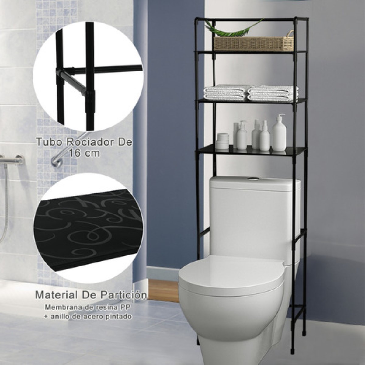 Mueble Organizador Baño Rack Estante Sanitario Taza Repisa Negro