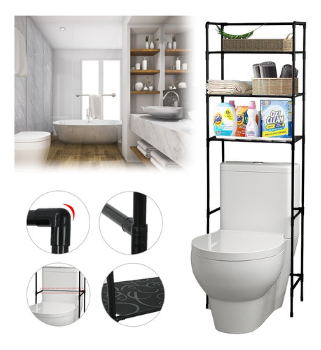 Mueble Organizador Baño Rack Estante Sanitario Taza Repisa Negro