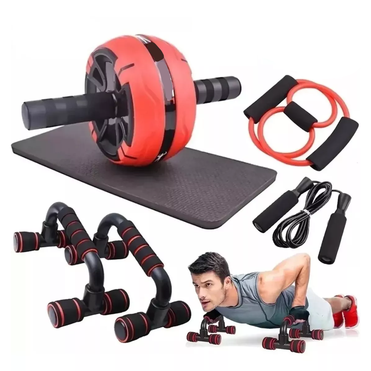 Kit 7 En 1 Rueda Abdominal Saltar ejercicio En Casa Rojo
