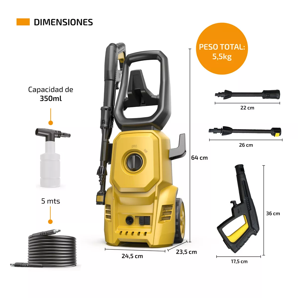 Hidrolavadora Electrica 1400w 1600 Psi Alta Presion 127v Amarilla