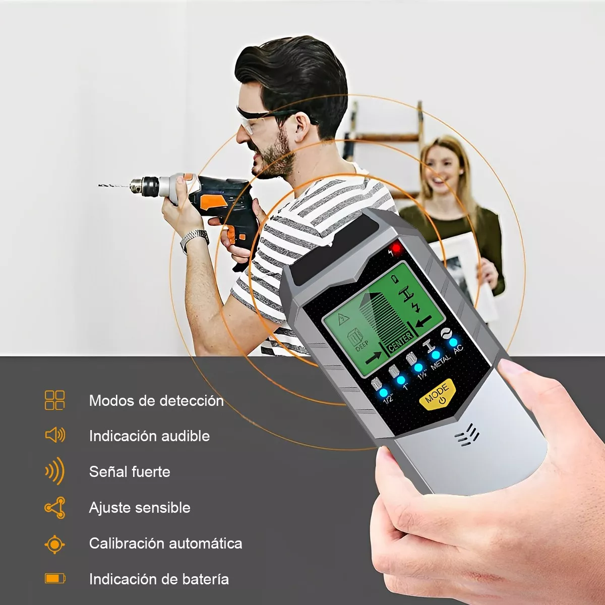 Detector De Metales Profesional 5en1 Escáner De Pared Cable Gris