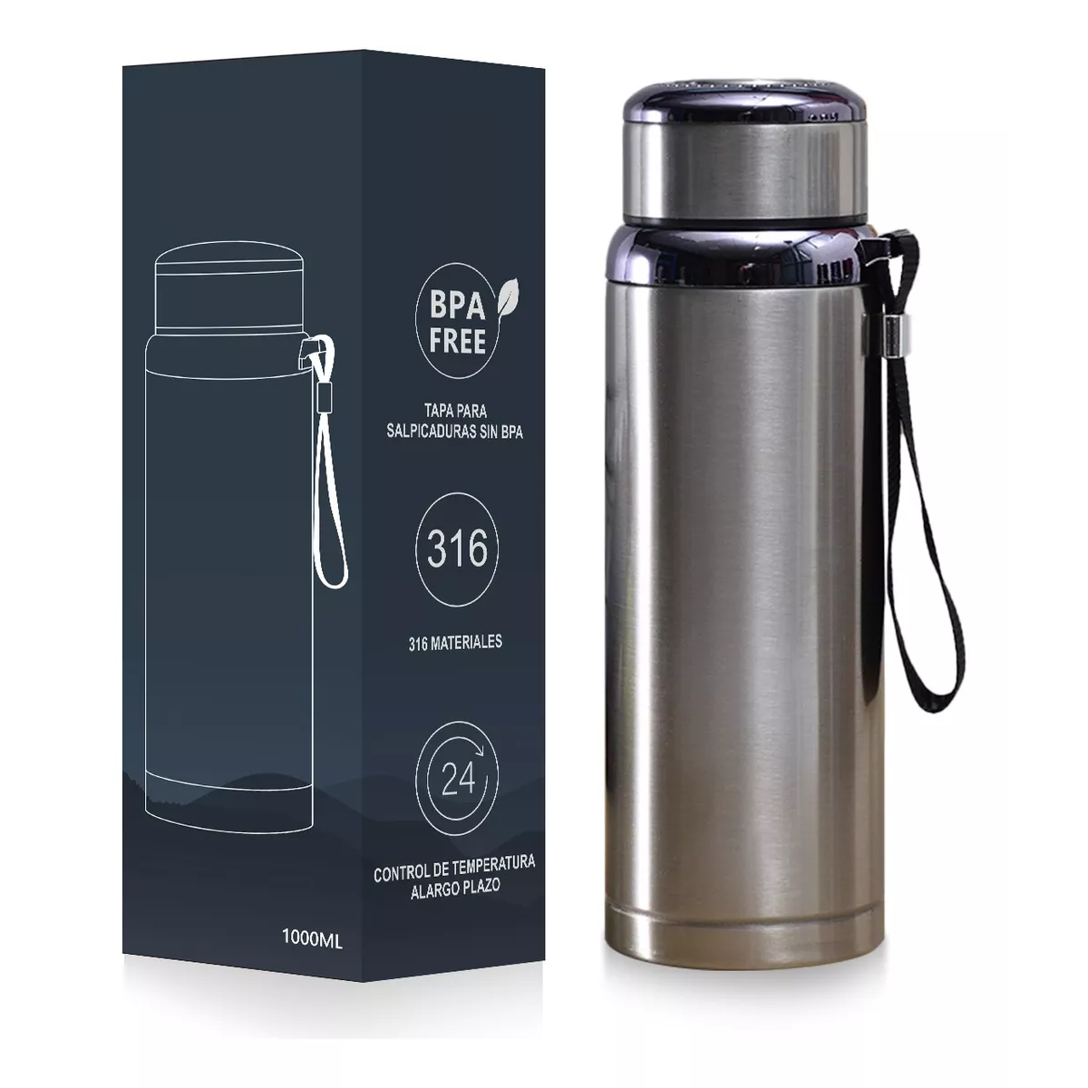 Termo De Acero Inoxidable Aislado Al Vacío 1000ml Plata