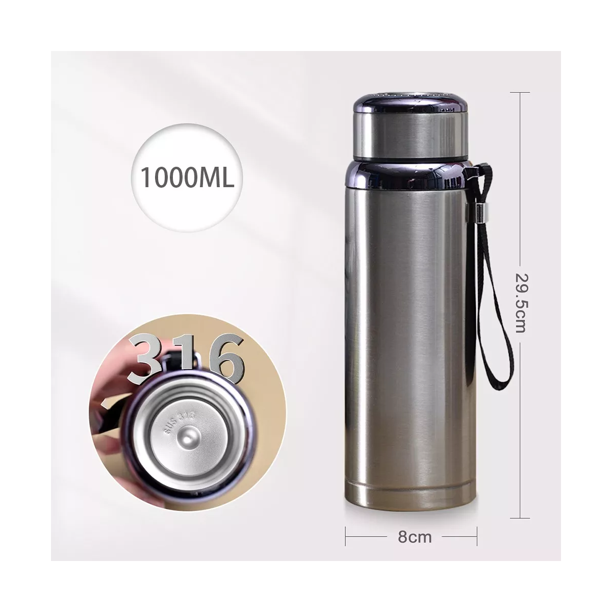 Termo De Acero Inoxidable Aislado Al Vacío 1000ml Plata