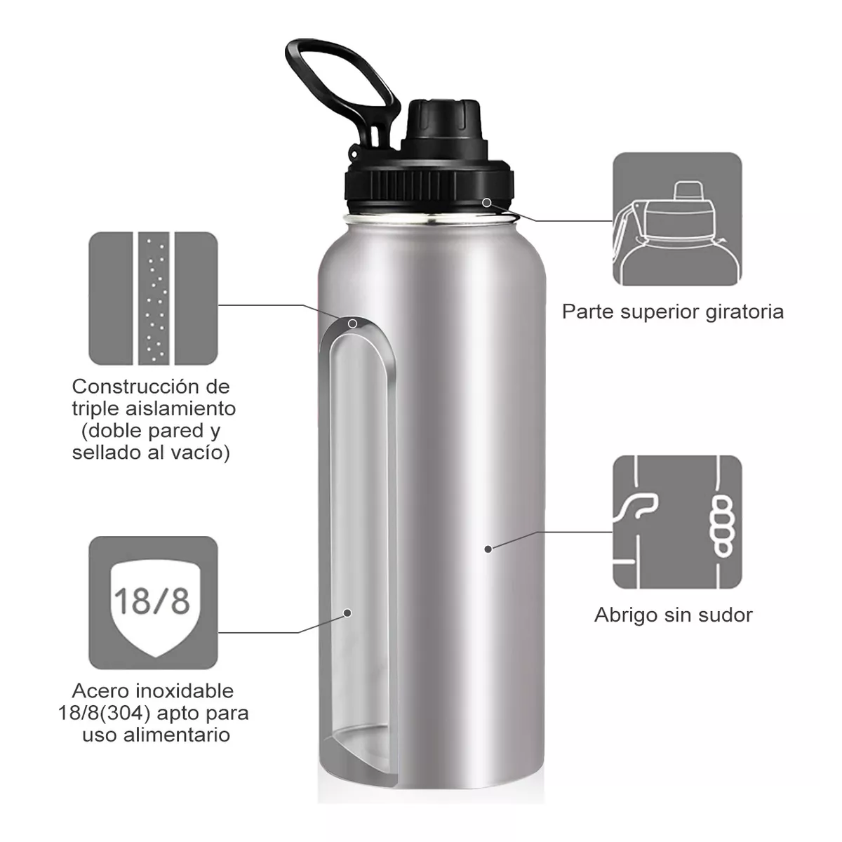 Termo Vaso-botella Acero Inoxidablecon Fría/caliente 40 Oz Plata