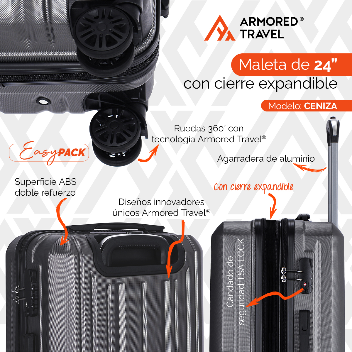 Maletas de viaje Rígidas set kit EASY PACK 2 piezas 24 con cierre expandible - 20 carry on de mano ABS doble calibre candado de alta seguridad TSA LOCK Armored Travel Ceniza