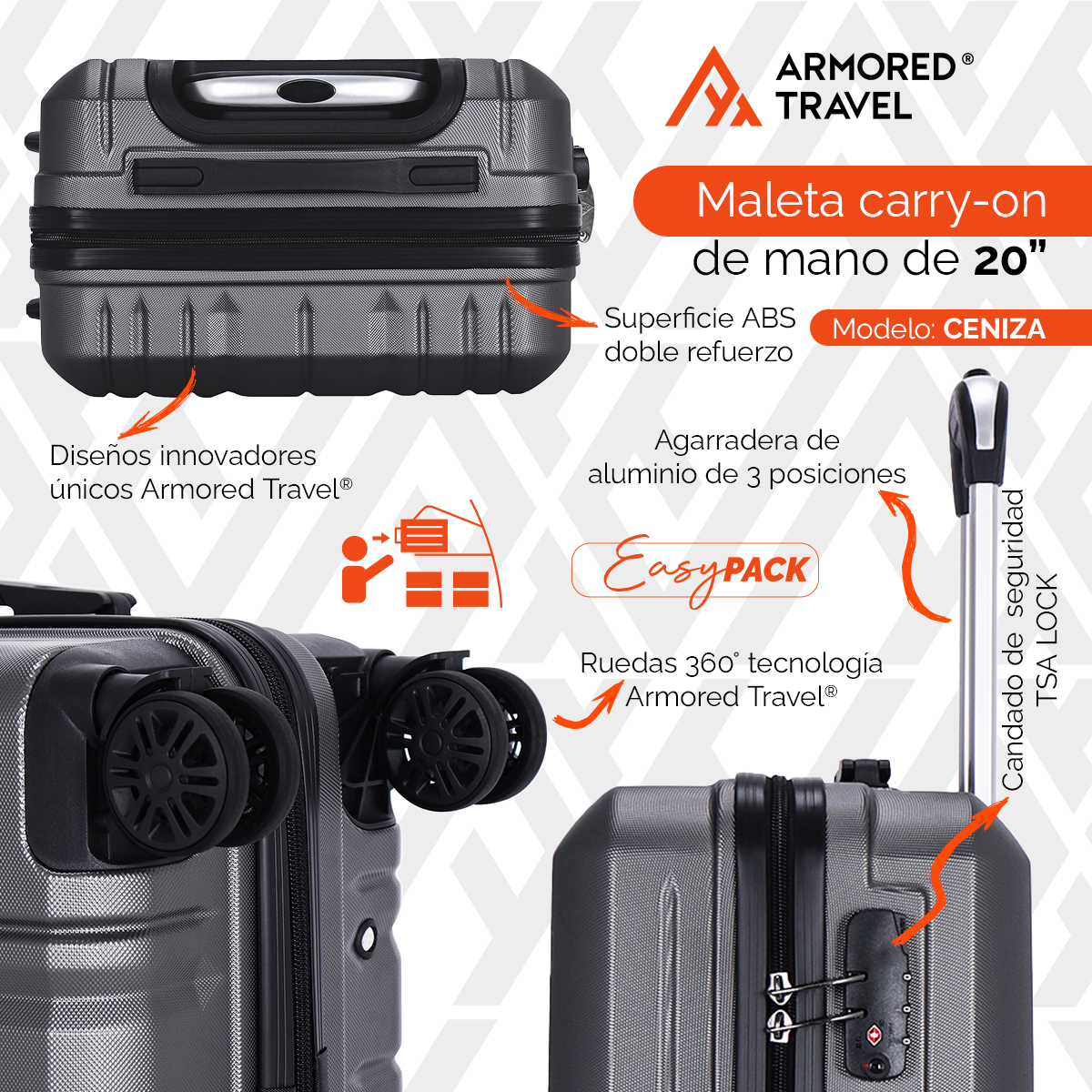 Maletas de viaje Rígidas set kit EASY PACK 2 piezas 24 con cierre expandible - 20 carry on de mano ABS doble calibre candado de alta seguridad TSA LOCK Armored Travel Ceniza