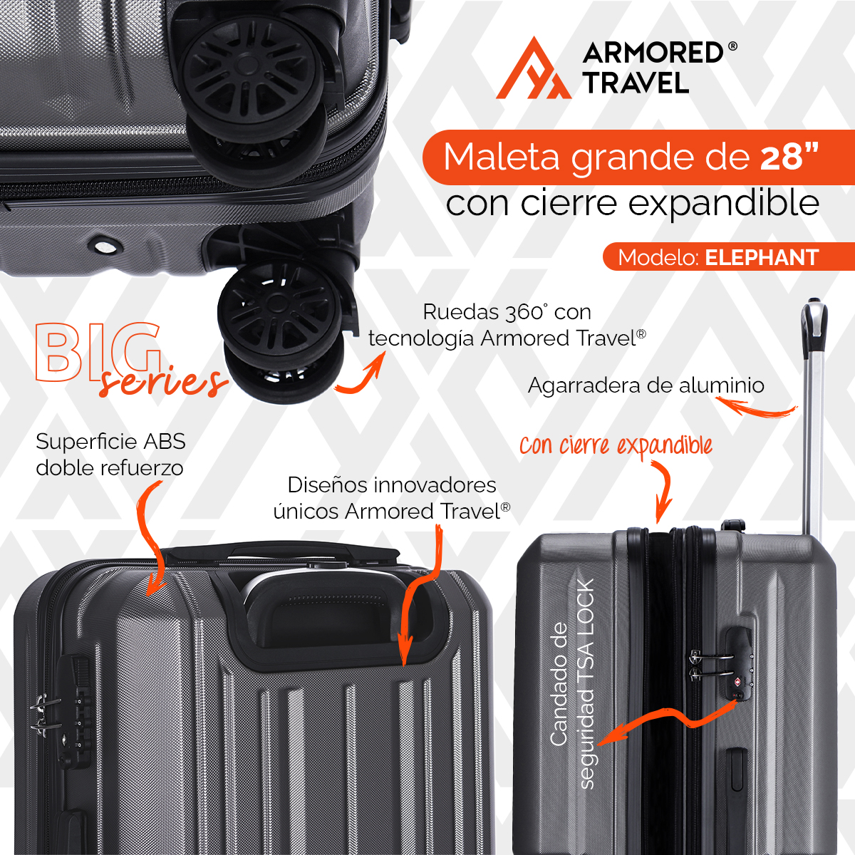 Maleta de viaje grande rígida BIG series 28 - 25kg con cierre expandible ABS doble calibre candado de alta seguridad TSA LOCK Armored travel Elephant