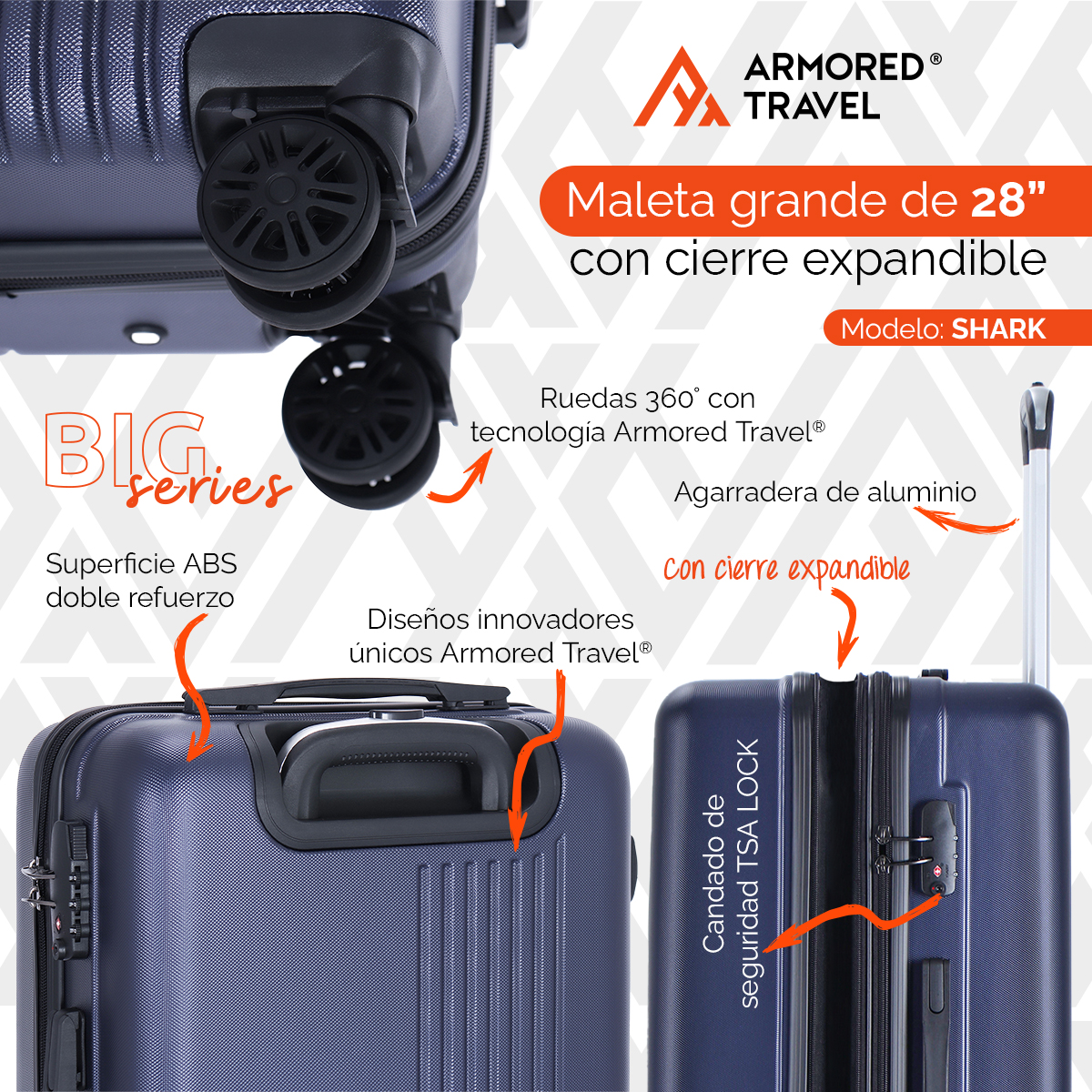 Maleta de viaje grande rígida BIG series 28 - 25kg con cierre expandible ABS doble calibre candado de alta seguridad TSA LOCK Armored travel Shark