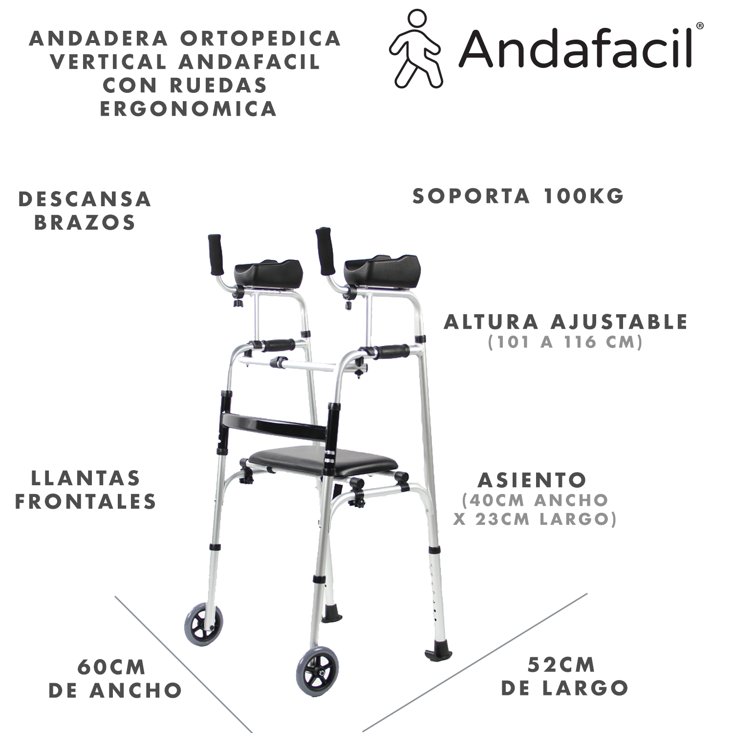 Andadera Ortopedica Vertical Andafacil con Ruedas Ergonomica.