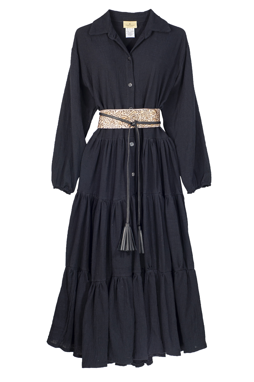 Vestido A ÁNGELOZANO camisero de manta algodón color Negro, con cinto piel gabada y pintada. AL-W38