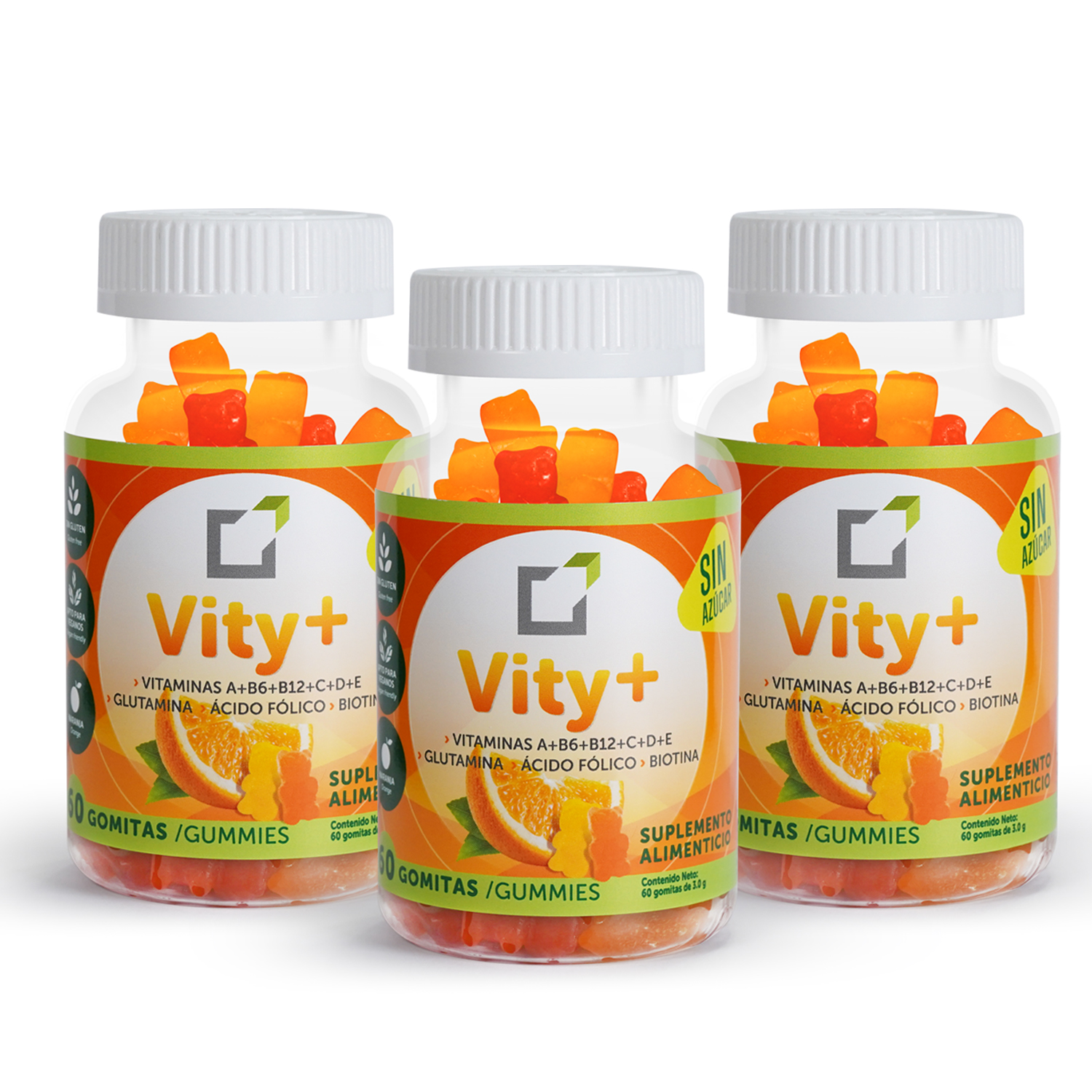 Gomitas multivitamínicas Vity+sin azúcar | Pack 3 frascos 60 gomitas c/u
