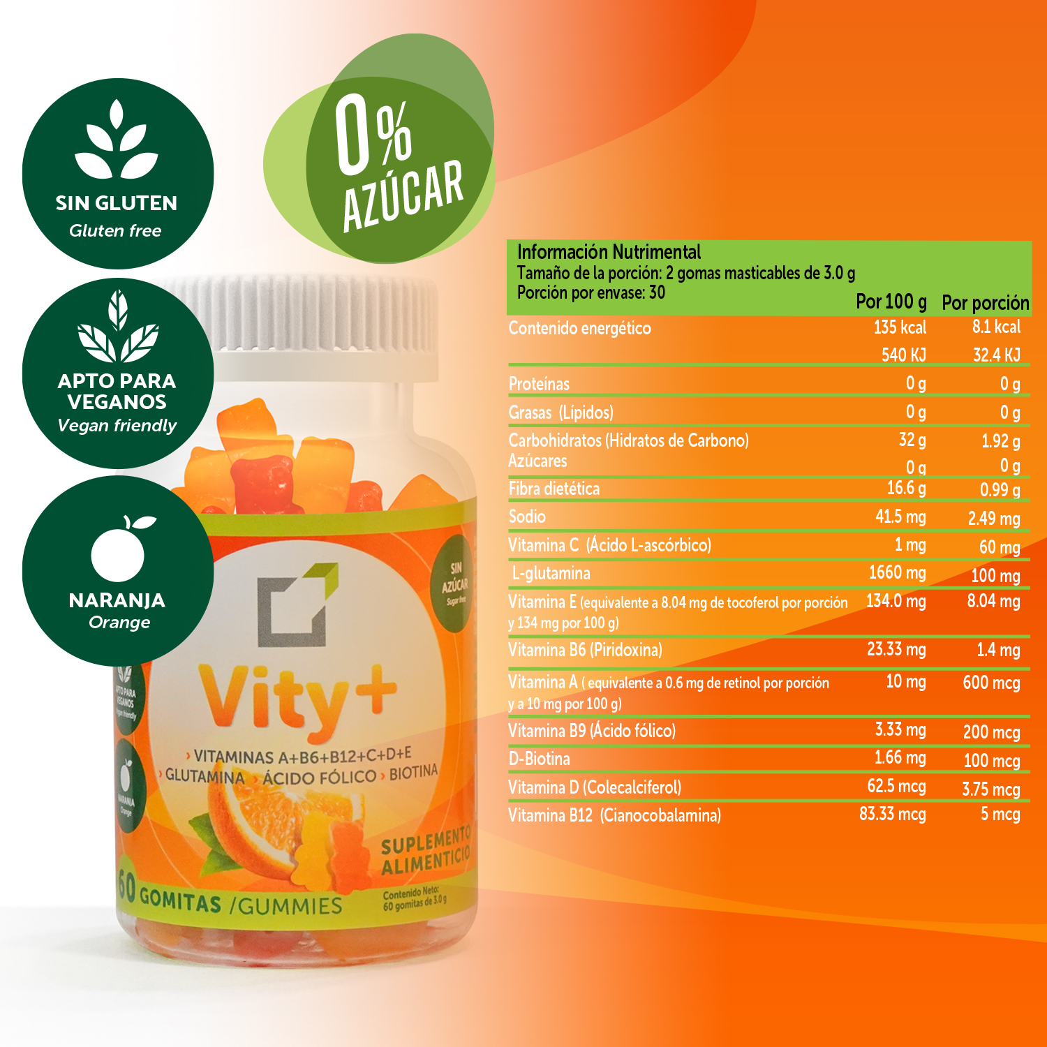 Gomitas multivitamínicas Vity+sin azúcar | Pack 3 frascos 60 gomitas c/u