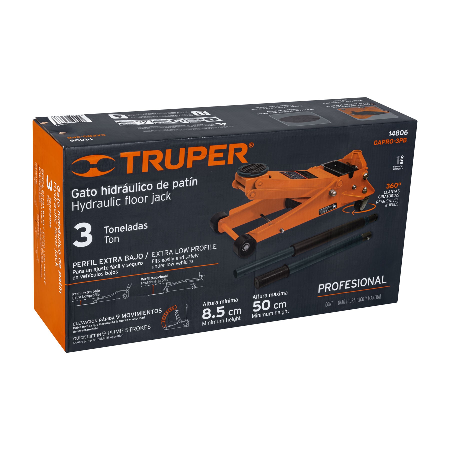GATO HIDRÁULICO PROFESIONAL DE PATÍN, 3 TON, ELEVACIÓN RÁPIDA TRUPER 14806