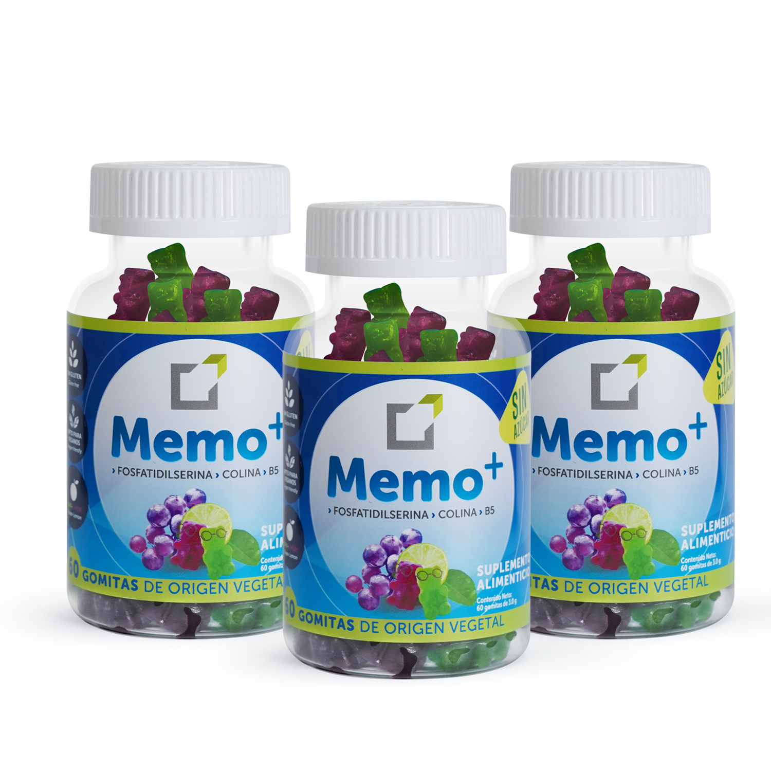 Gomitas Memo+ sin azúcar| Fosfatidilserina+Colina+Vitamina B5 |  Pack 3 frascos 60 gomitas c/u