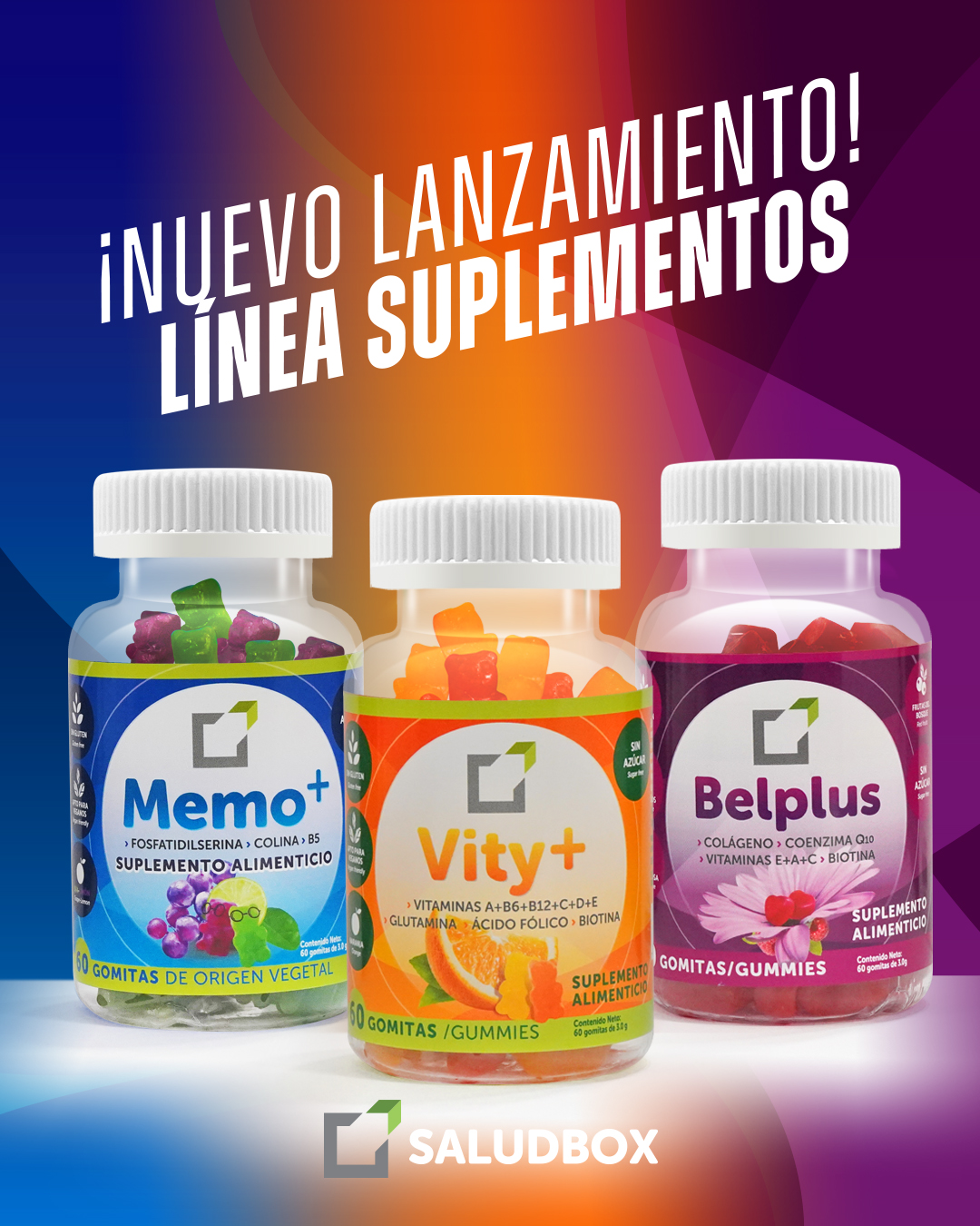 Gomitas Memo+ sin azúcar| Fosfatidilserina+Colina+Vitamina B5 |  Pack 3 frascos 60 gomitas c/u