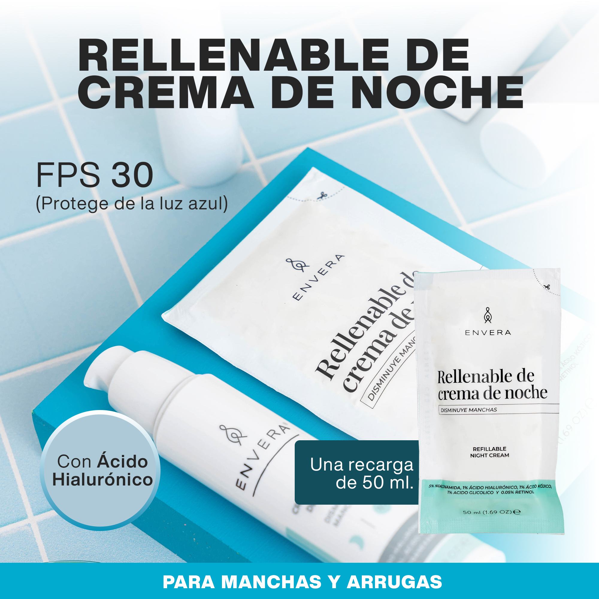 Rellenable Hidratante Facial Manchas y Acne 50ml | Crema Humectante Facial con Niacinamida - Reafirmante, Vegana y Libre de Crueldad Animal ENVERA