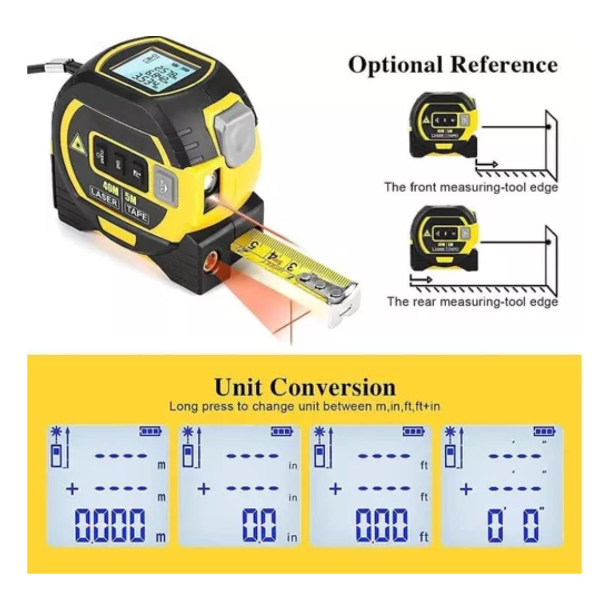 Medidor Láser De 60 Metros Con Cinta Métrica 2 En 1 Amarillo/Negro