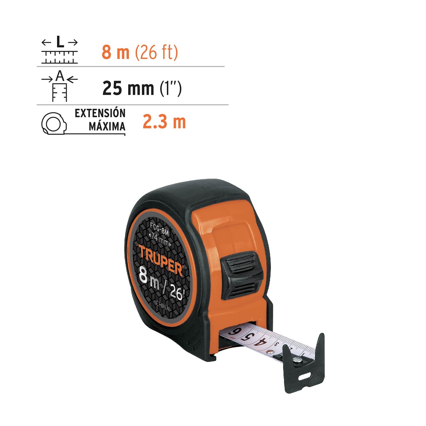  Flexómetro Compacto Con Grip, 8 M, Cinta 25 Mm Truper