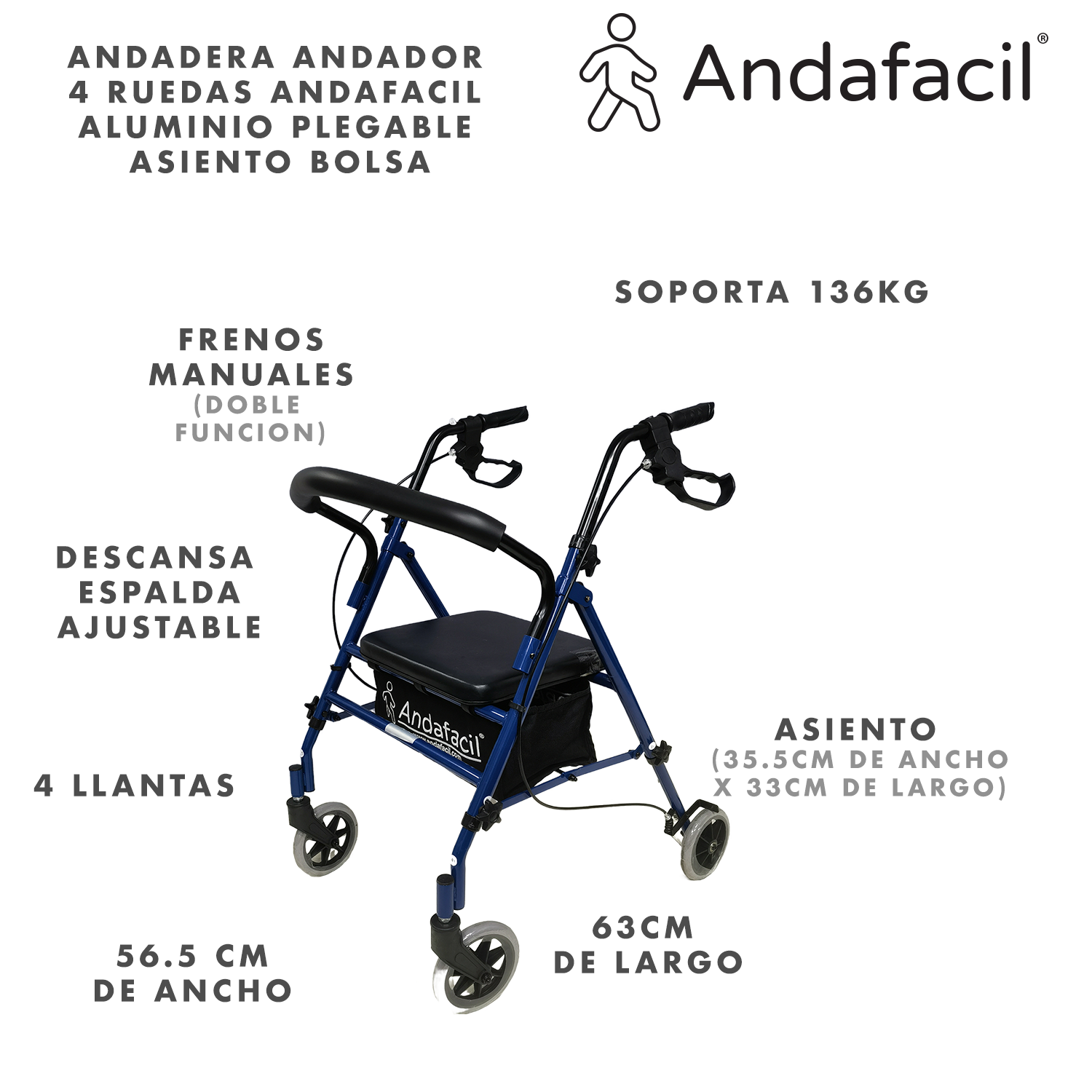 Andadera Andador 4 Ruedas Andafacil Aluminio Plegable Asiento Bolsa