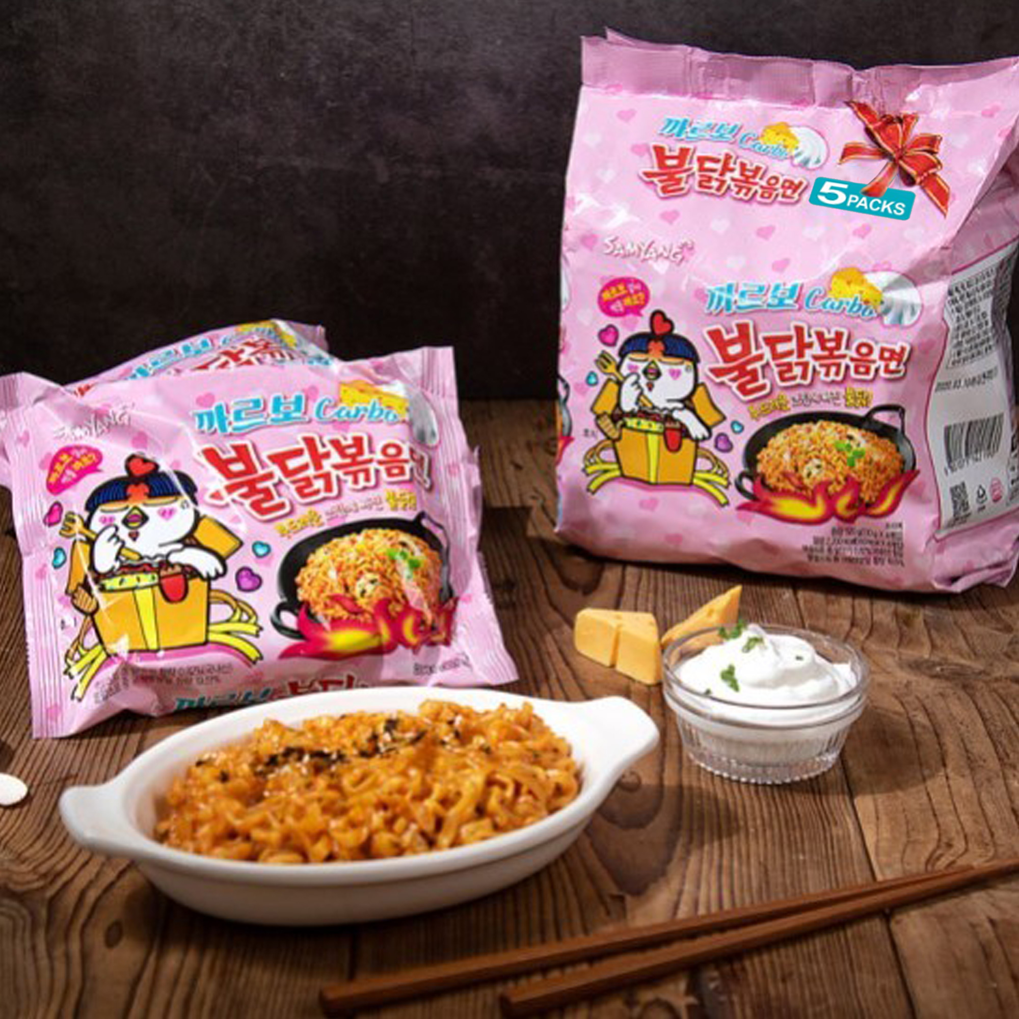 Sopa Instantánea Ramen Coreana Picante Buldak 5 de Carbonara y 5 de Queso