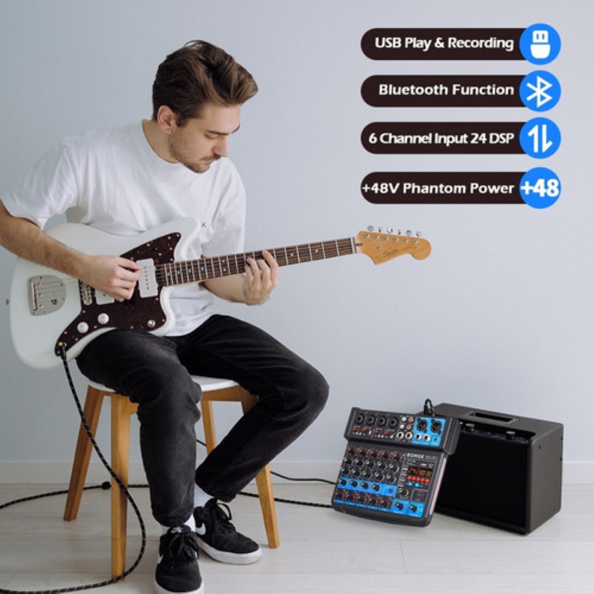 Mezclador De Dj Bomge 06f De 6 Canales Usb /bluetooth/48 V/d Blanco