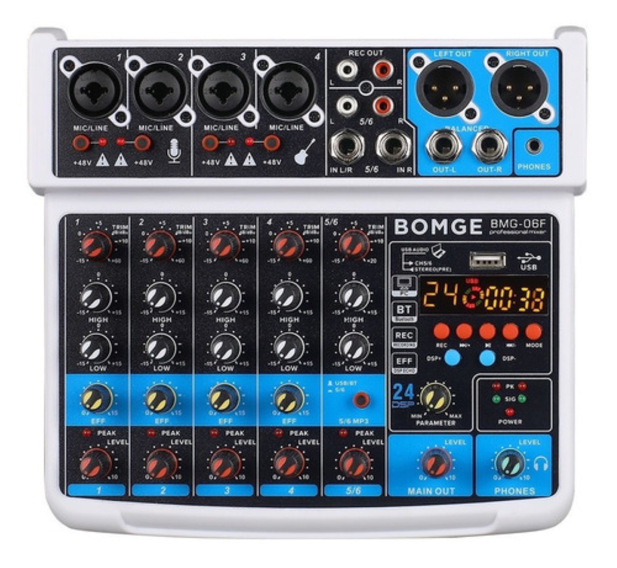 Mezclador De Dj Bomge 06f De 6 Canales Usb /bluetooth/48 V/d Blanco
