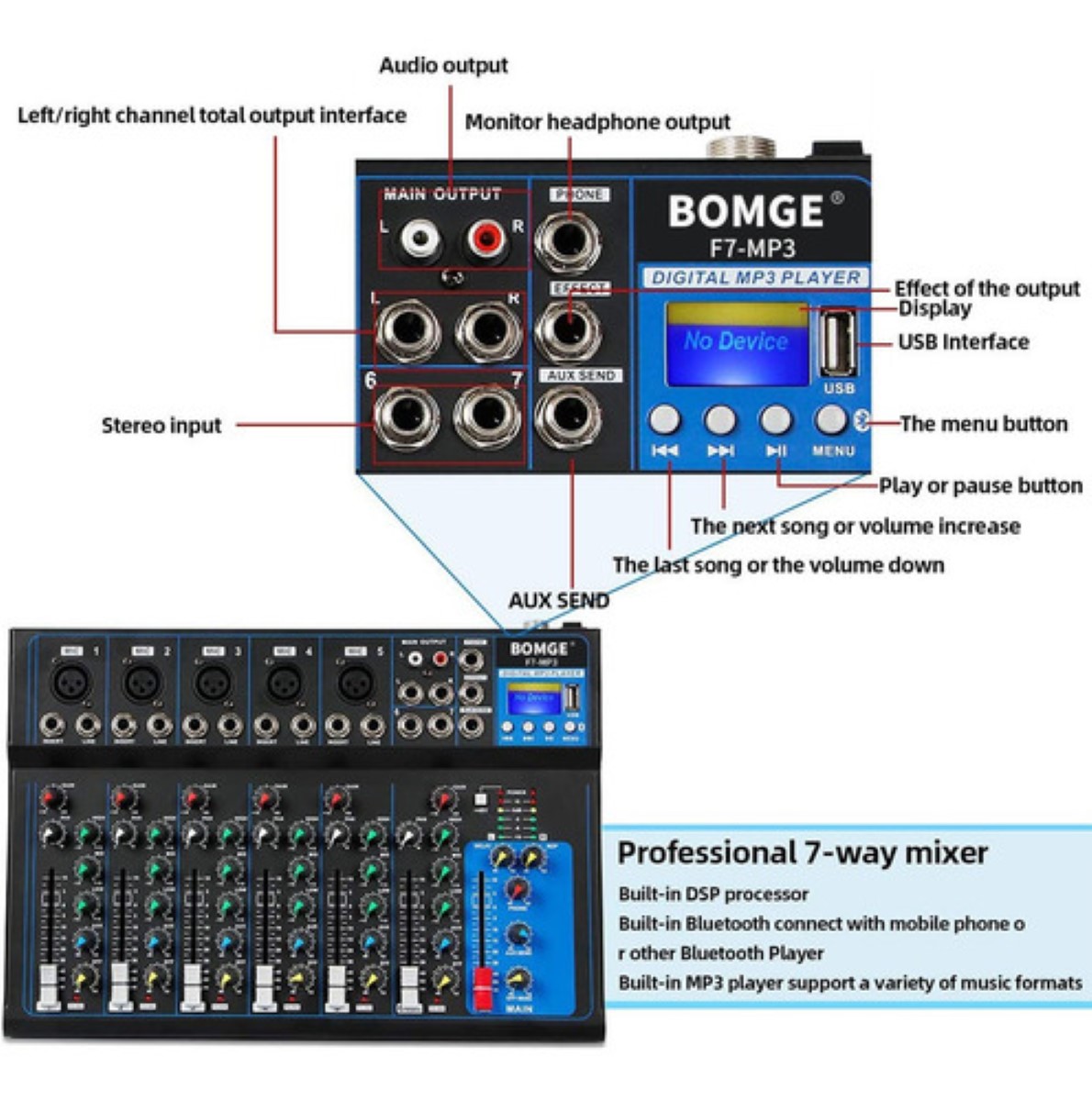 Tarjeta Mezcladora De Audio Bomge De 7 Canales Con Bluetooth Negro