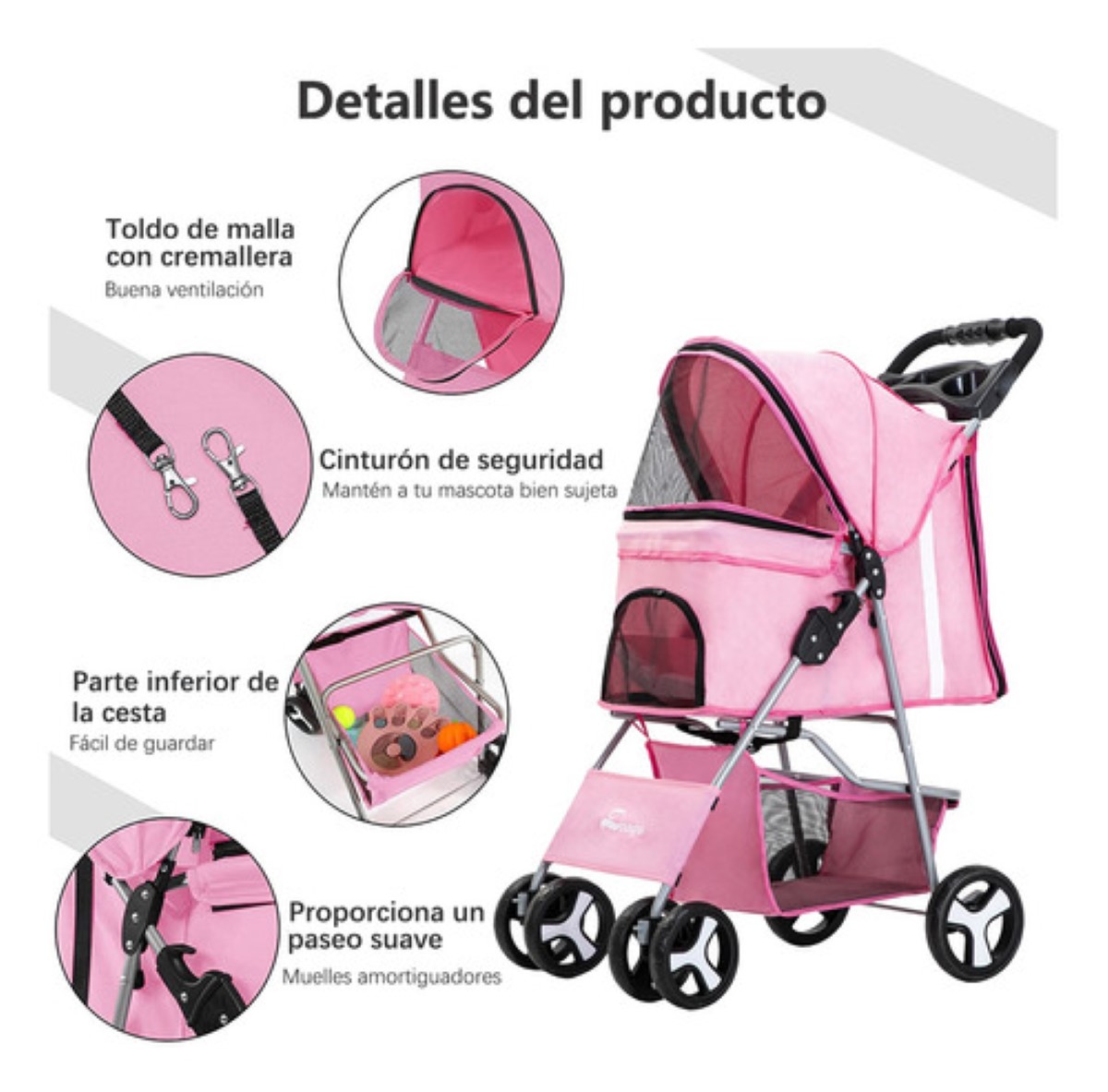 Carriola Para Plegable Para Mascotas Con Capazo Rosa de lino