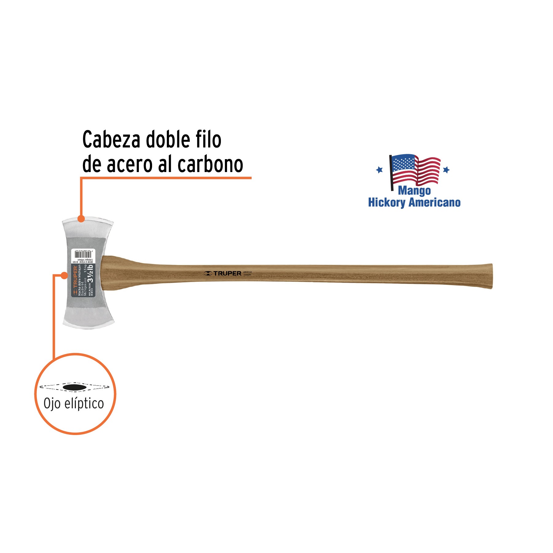 HACHA DOBLE MICHIGAN 3-1/2 LBS, MANGO DE HICKORY 35", TRUPER 14964