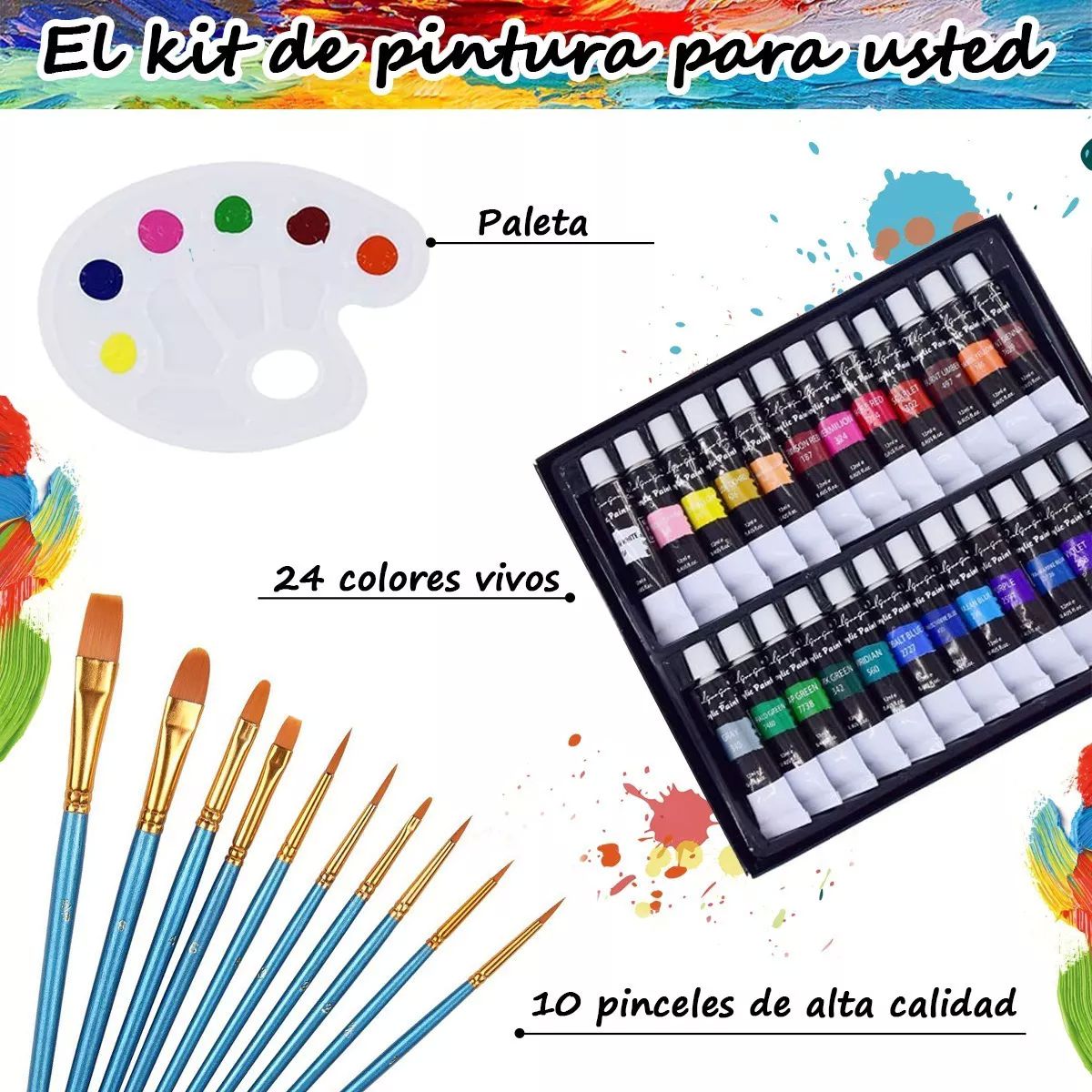 Kit De Pintura Acrílica 24 Colores 12 Ml Y Oleo Pincel 10pzs