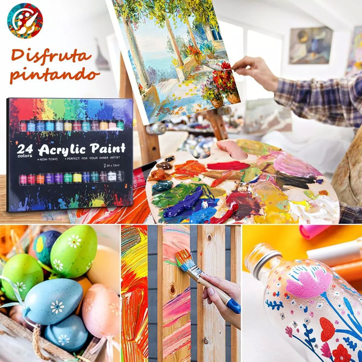 Kit De Pintura Acrílica 24 Colores 12 Ml Y Oleo Pincel 10pzs