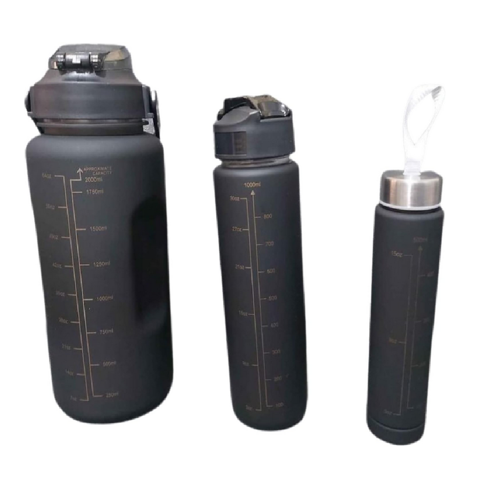 Kit 3 Piezas Botella Deportiva Motivacional Negro Con Dorado