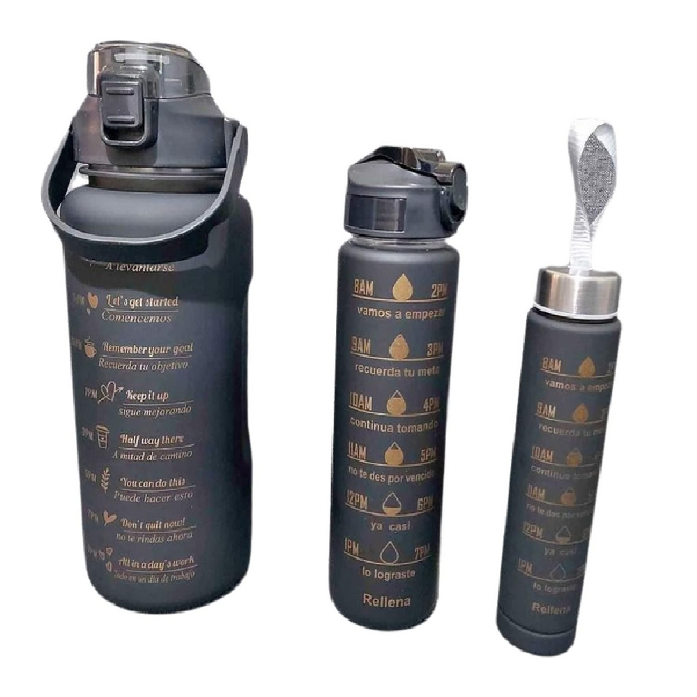 Kit 3 Piezas Botella Deportiva Motivacional Negro Con Dorado