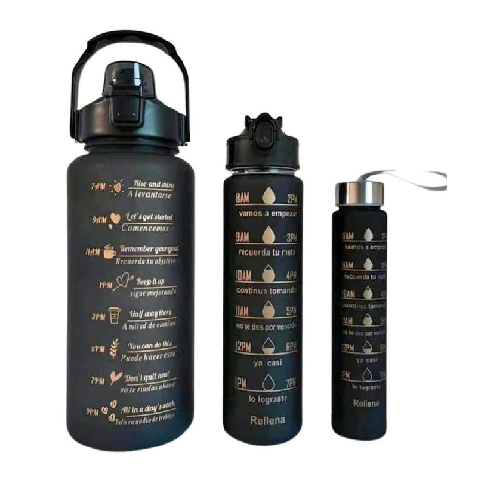 Kit 3 Piezas Botella Deportiva Motivacional Negro Con Dorado