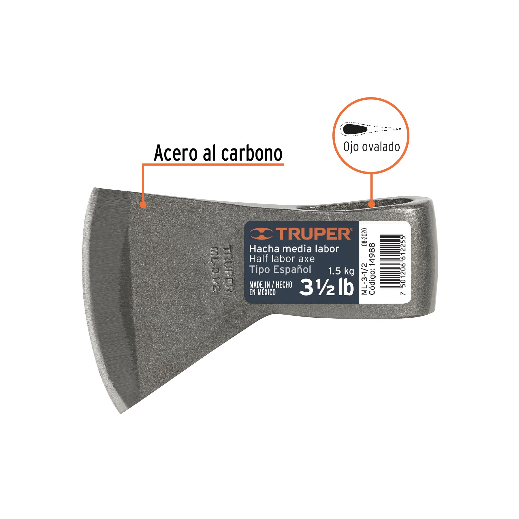 HACHA TIPO ESPAÑOL MEDIA LABOR 3-1/2 LB SIN MANGO, TRUPER 14988