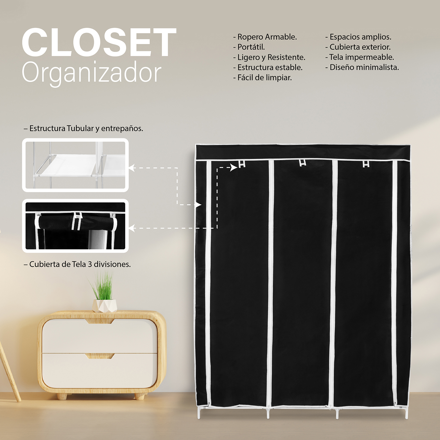 Closet Portátil Negro ,Ropero Armable De Tela 3 Puertas Para Ropa