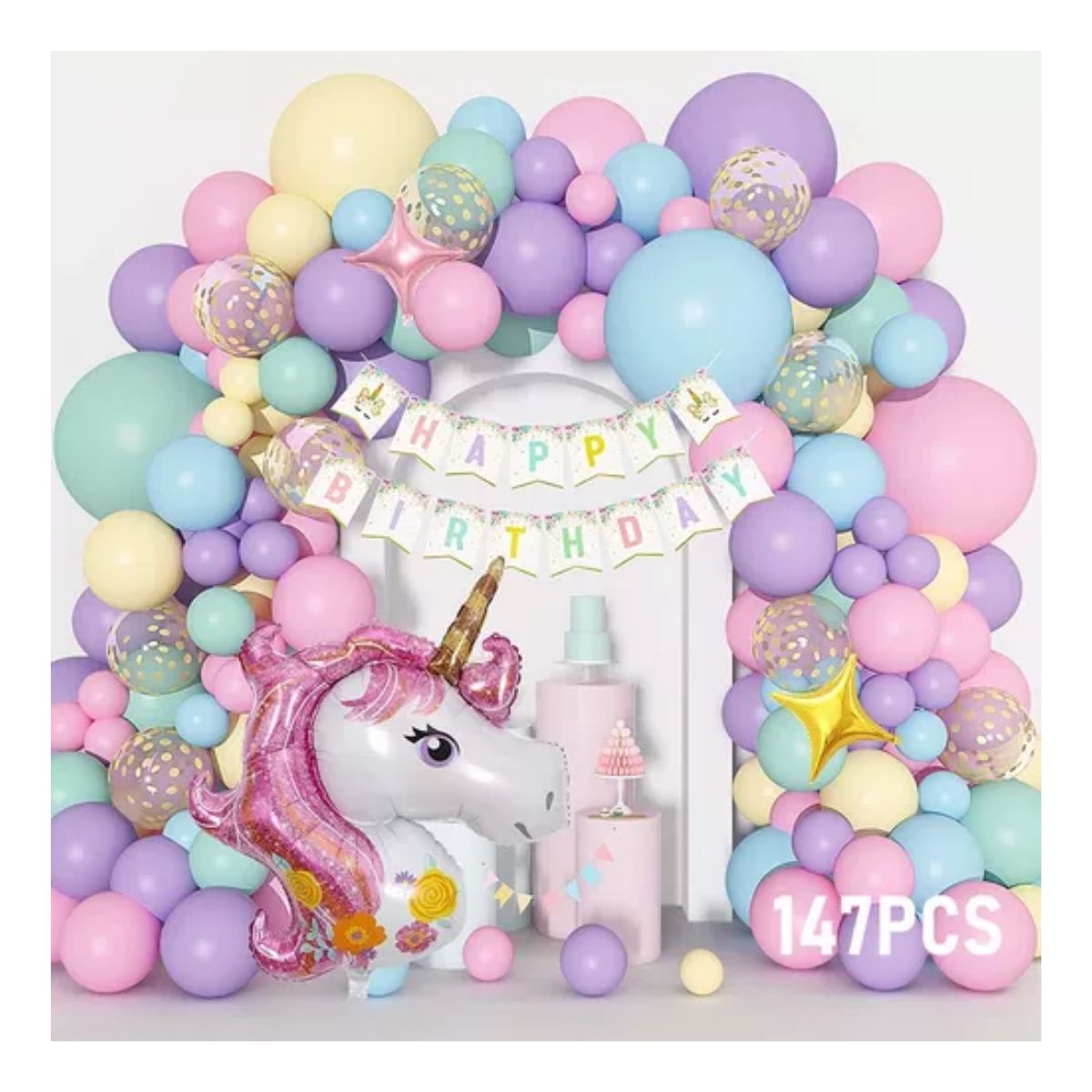 Kit De Decoraciones Para Unicornio Fiesta Cumpleaños 147pcs Rosa/Blanco