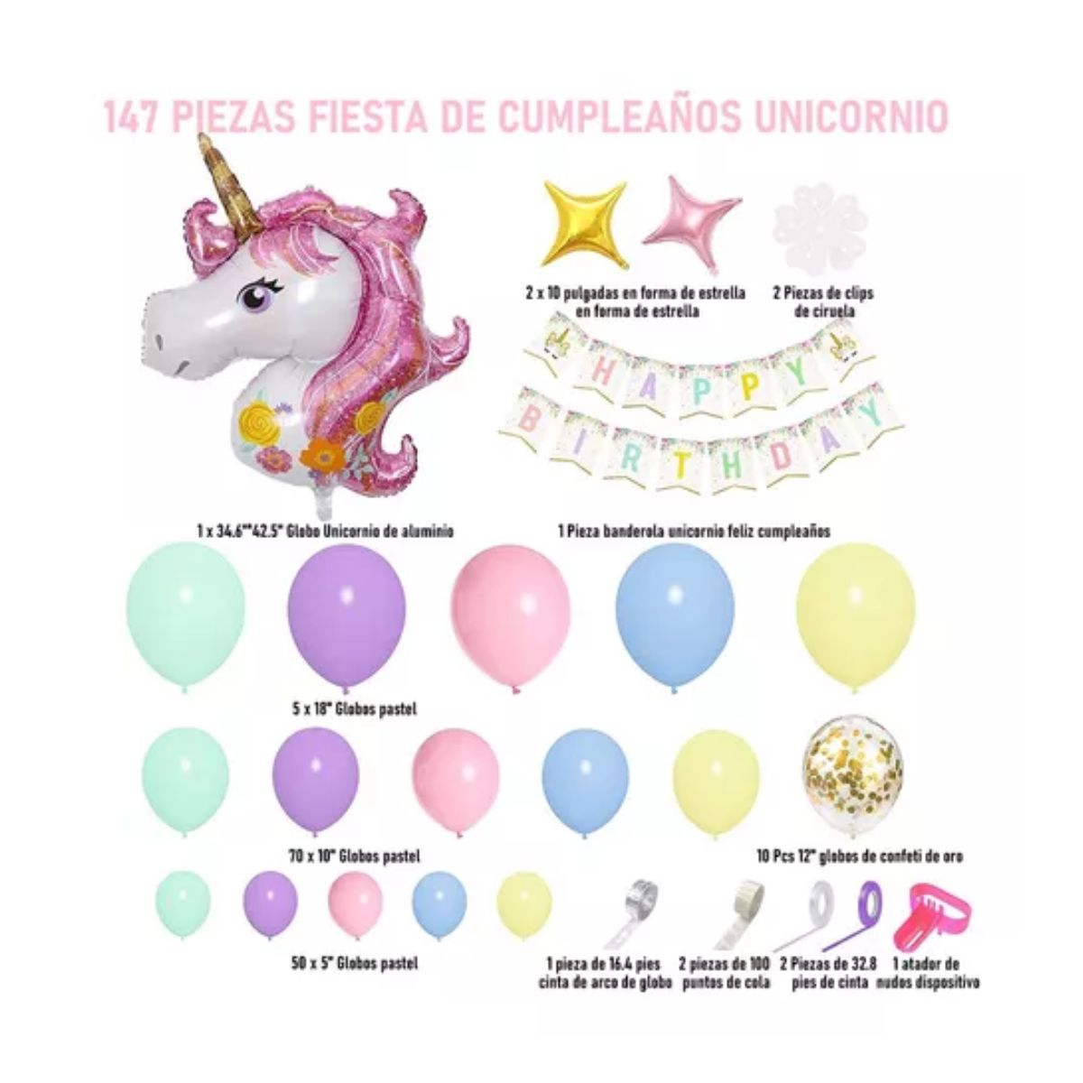 Kit De Decoraciones Para Unicornio Fiesta Cumpleaños 147pcs Rosa/Blanco