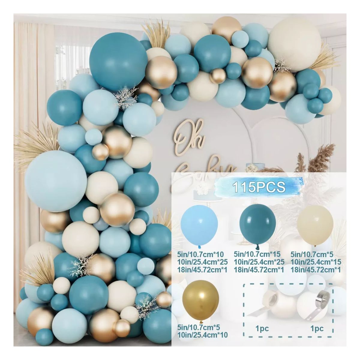 Guirnalda De Globos Azules Decoracion Con 115 Globos Azul/Dorado/Blanco