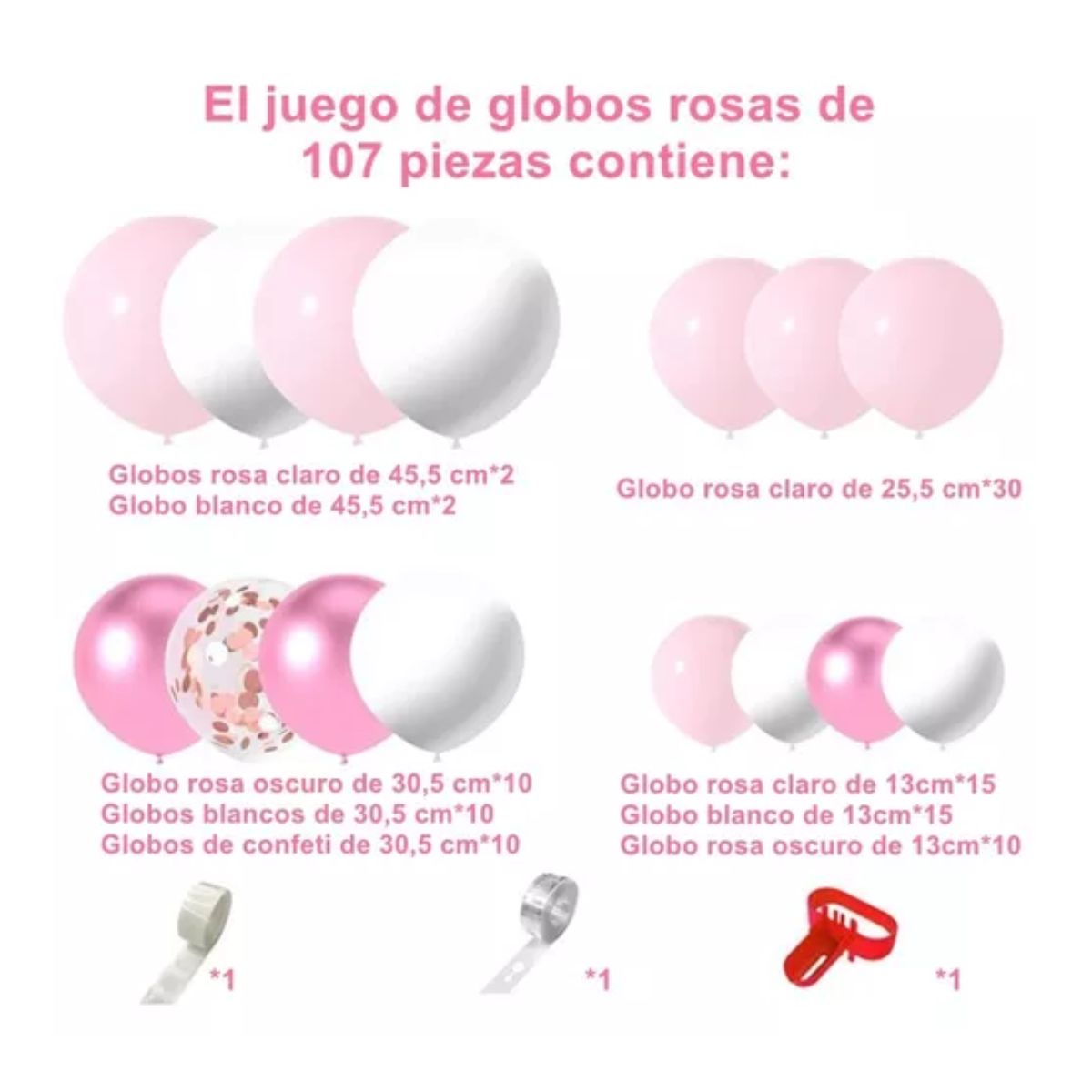 Kit Decoracion Arco De Globos Cumpleaños Fiestas Rosa Látex Rosa Espejo/Blanco