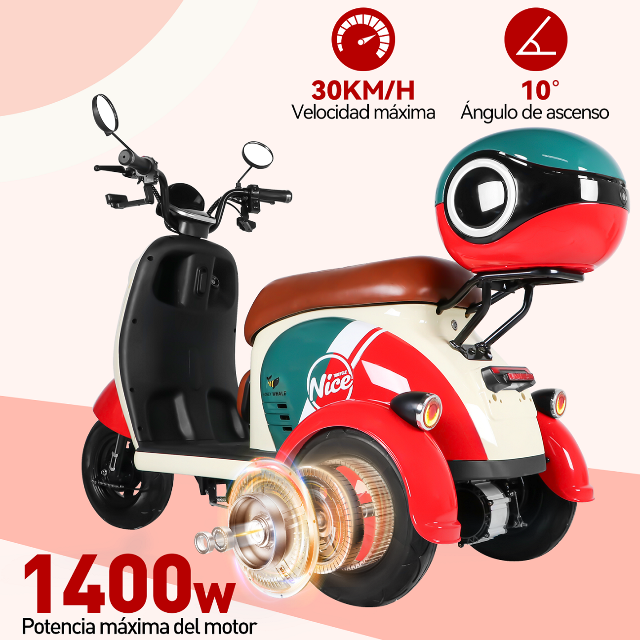 Moto Bici Eléctrica 3 ruedas Honey Whale V1 Rojo