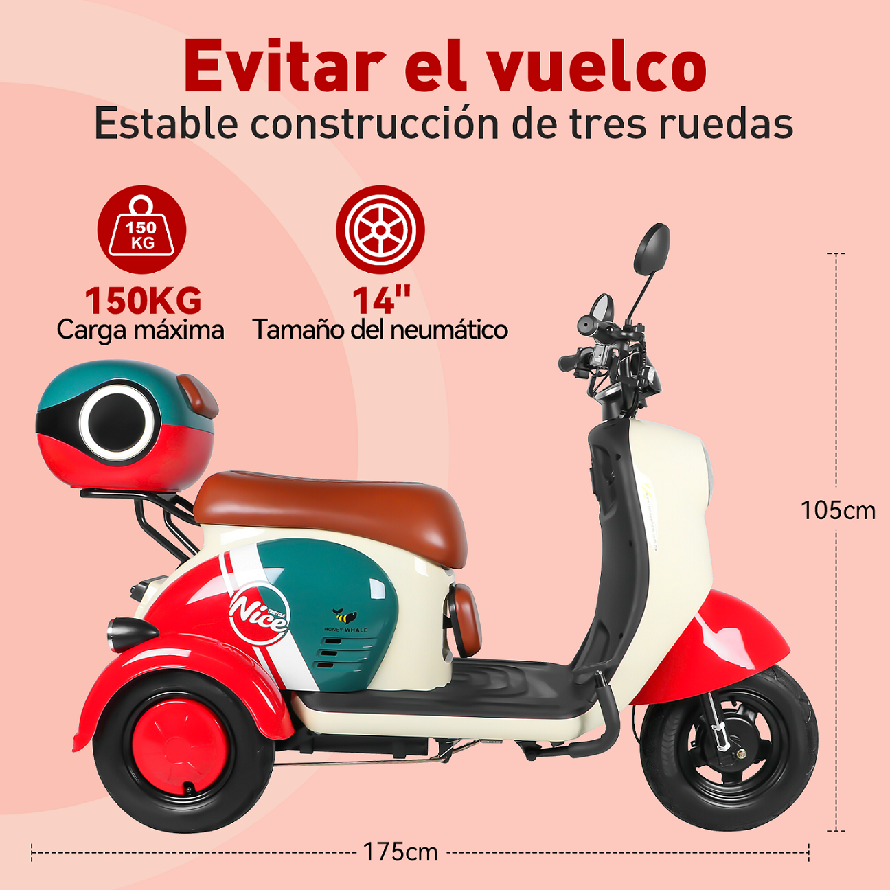 Moto Bici Eléctrica 3 ruedas Honey Whale V1 Rojo