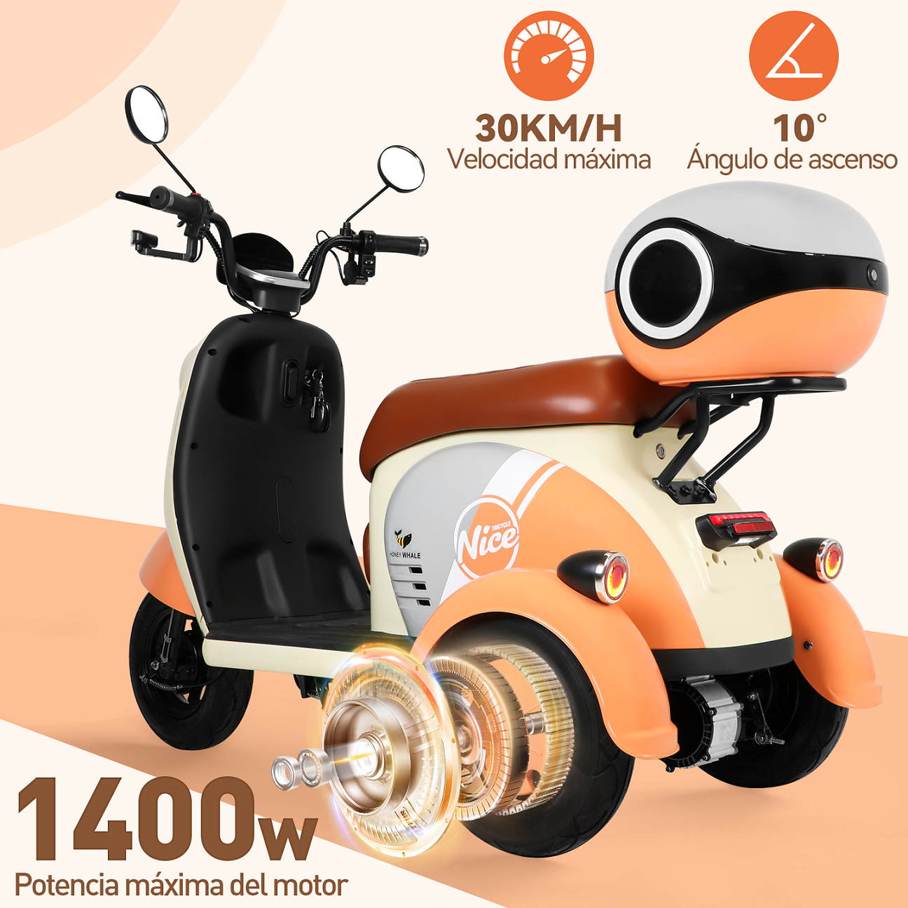 Moto Bici Eléctrica 3 ruedas Honey Whale V1 Naranja