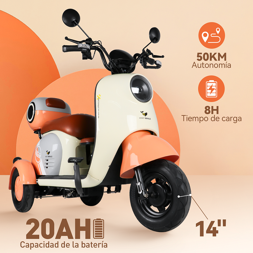 Moto Bici Eléctrica 3 ruedas Honey Whale V1 Naranja