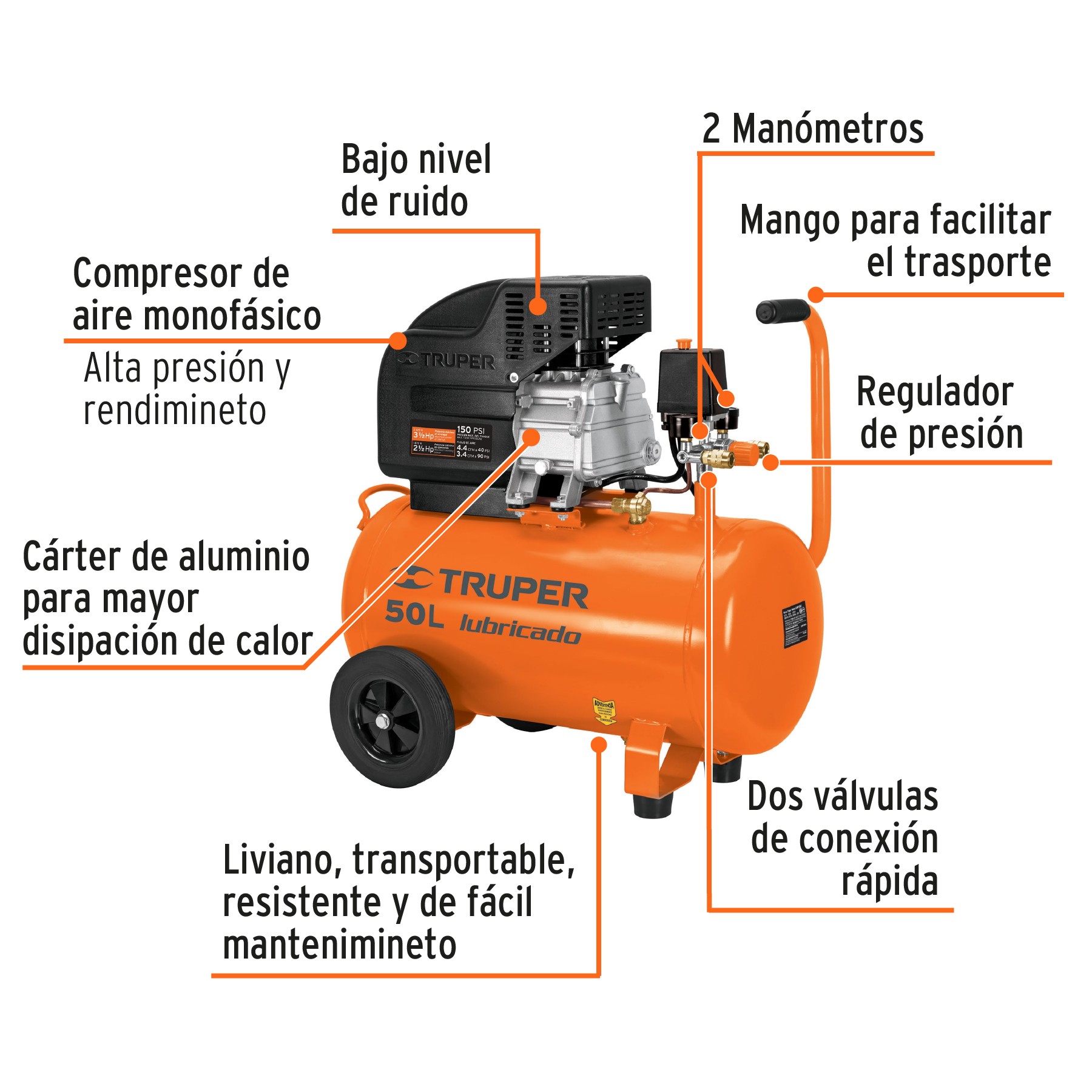 COMPRESOR DE AIRE, LUBRICADO,HORIZONTAL 50L 3 1/3 HP 127V TRUPER 15007