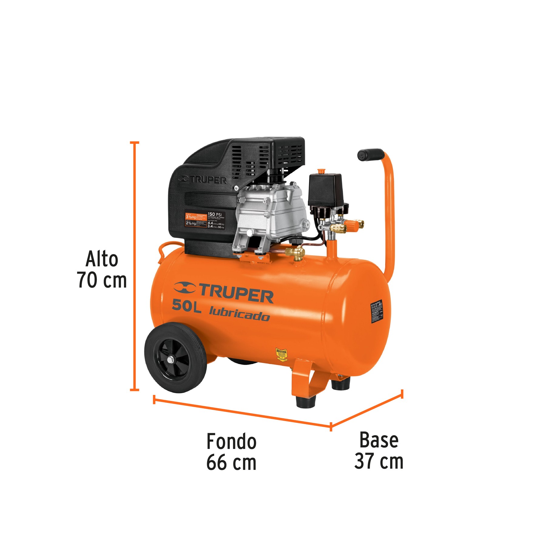 COMPRESOR DE AIRE, LUBRICADO,HORIZONTAL 50L 3 1/3 HP 127V TRUPER 15007