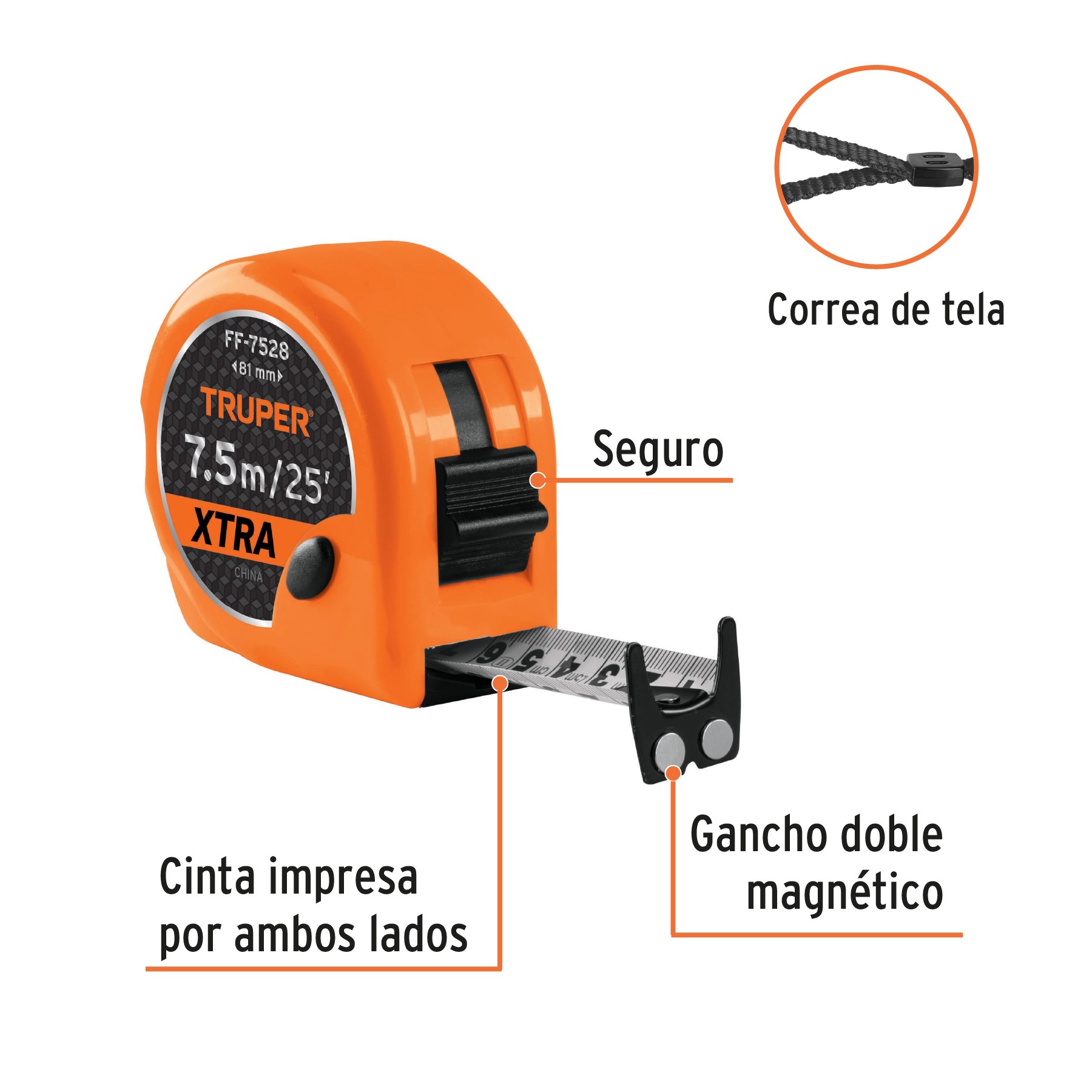 FLEXÓMETRO XTRA 7.5 M CINTA EXTRA ANCHA 28 MM, TRUPER 15025