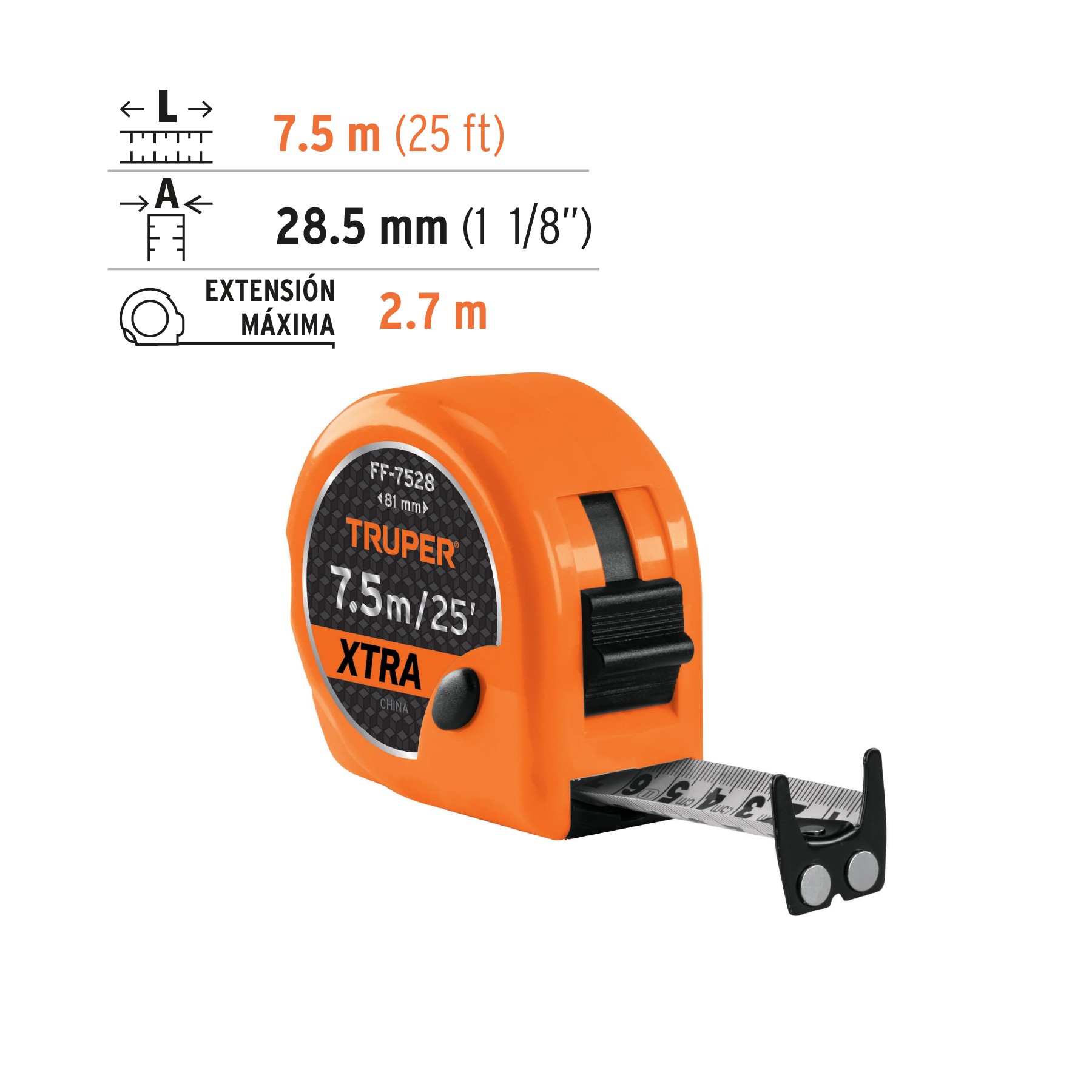 FLEXÓMETRO XTRA 7.5 M CINTA EXTRA ANCHA 28 MM, TRUPER 15025