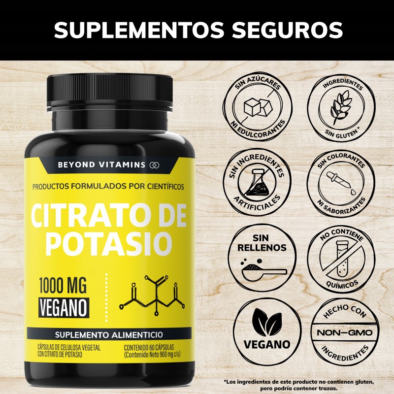 Suplemento Alimenticio Beyond Vitamins Citrato de Potasio 1000mg | Platano en Polvo, Curcuma y Semilla de uva 60 cápsulas