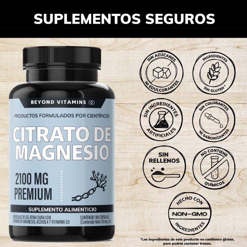 Citrato de Magnesio 2100mg  - Magnesium Citrate 100% Puro - 180 Cápsulas